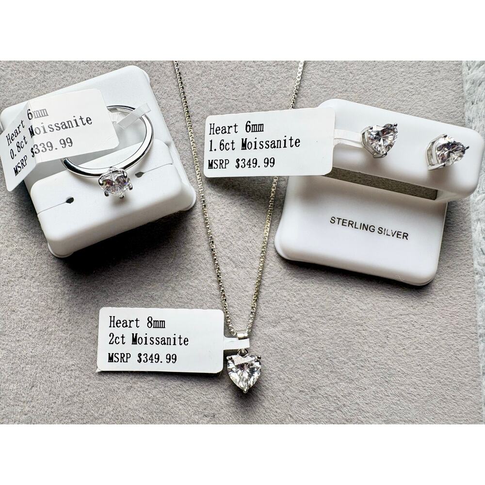 Moissanite Heart 3PC Set: Ring, Necklace & Earrings - Silver
